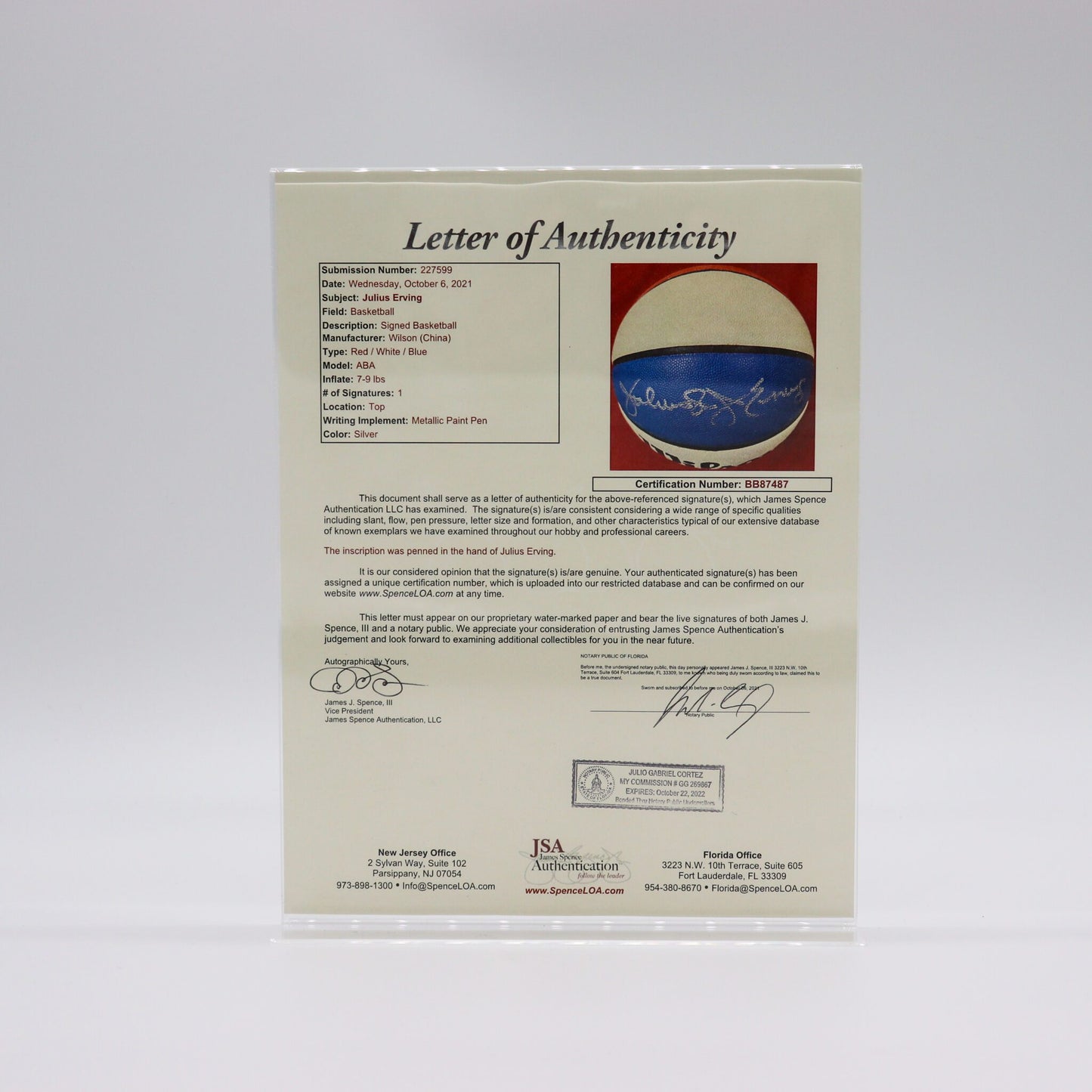 “Dr J” Julius Erving Autographed American Basketball Association Basketball, Mint