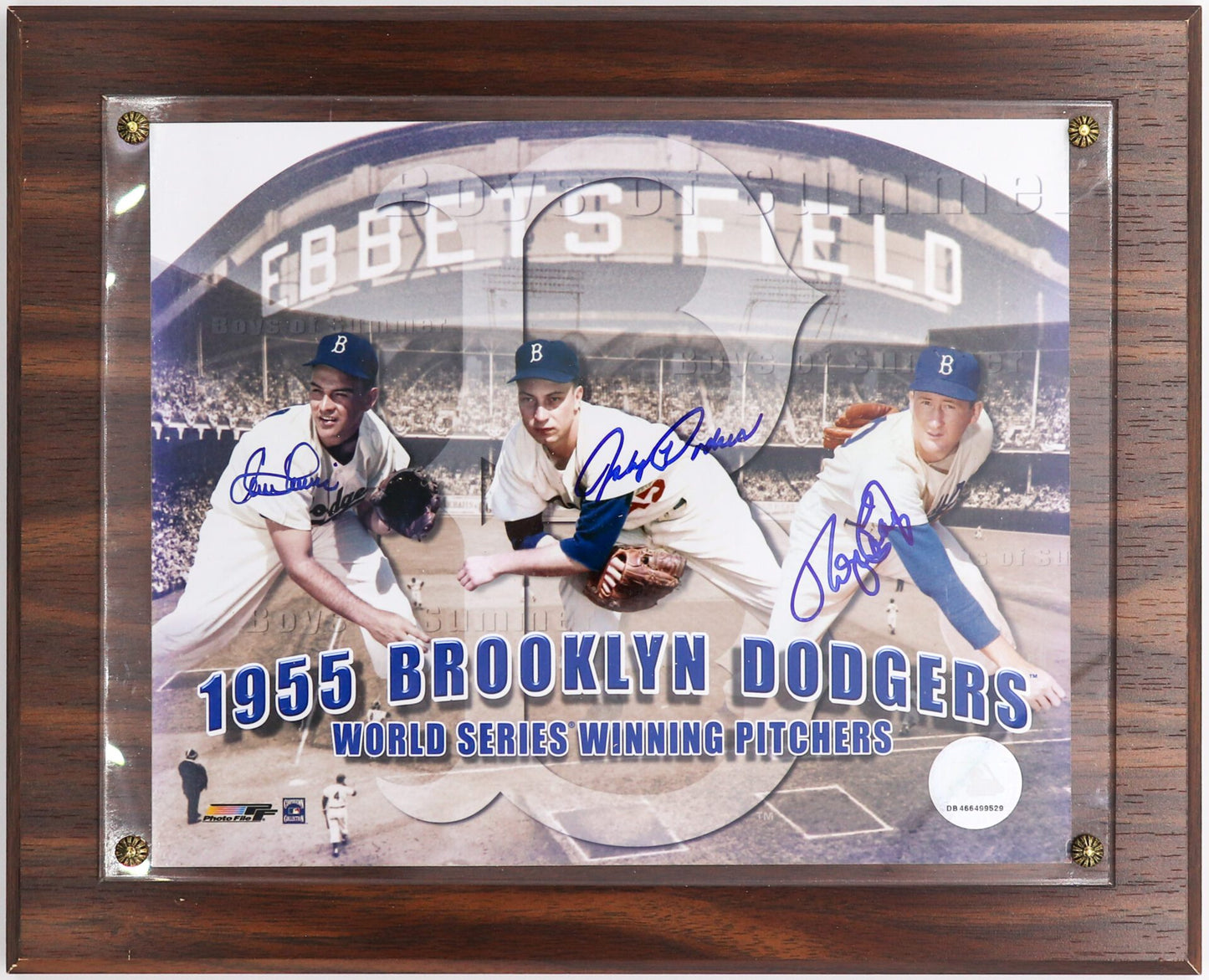 1955 Brooklyn Dodgers Three World Series Winning Pitchers Autographed Presentation Piece Mounted on Wood Base