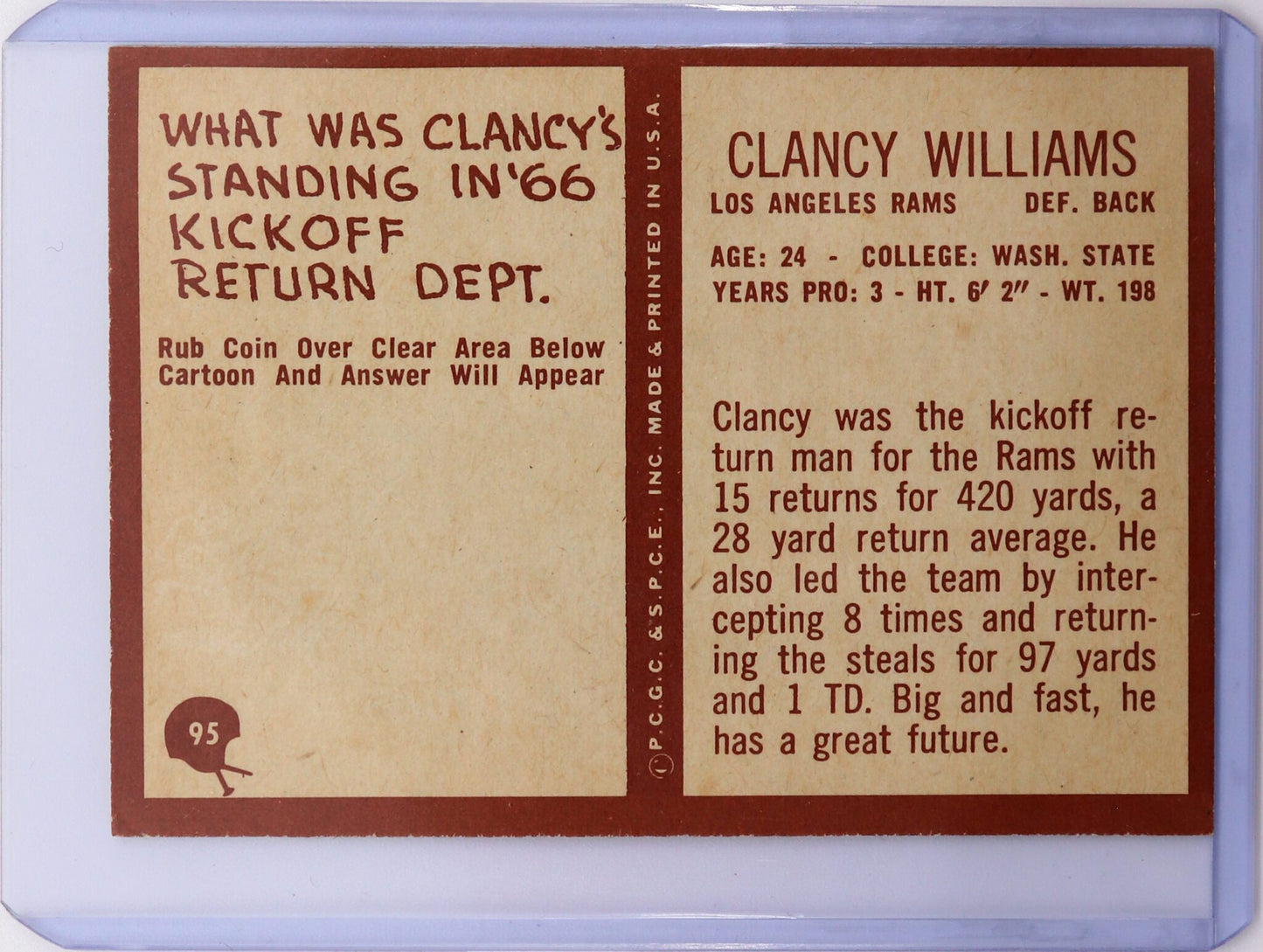 1967 Philadelphia Clancy Williams #95, Rookie Card, Good/Very Good