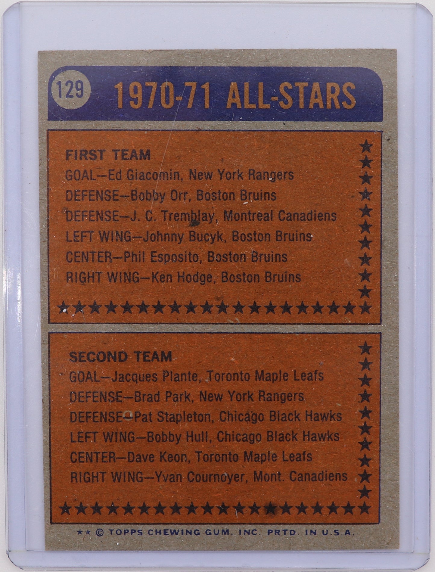 1973 Topps Phil Esposito NHL All-Star #129, Very Good