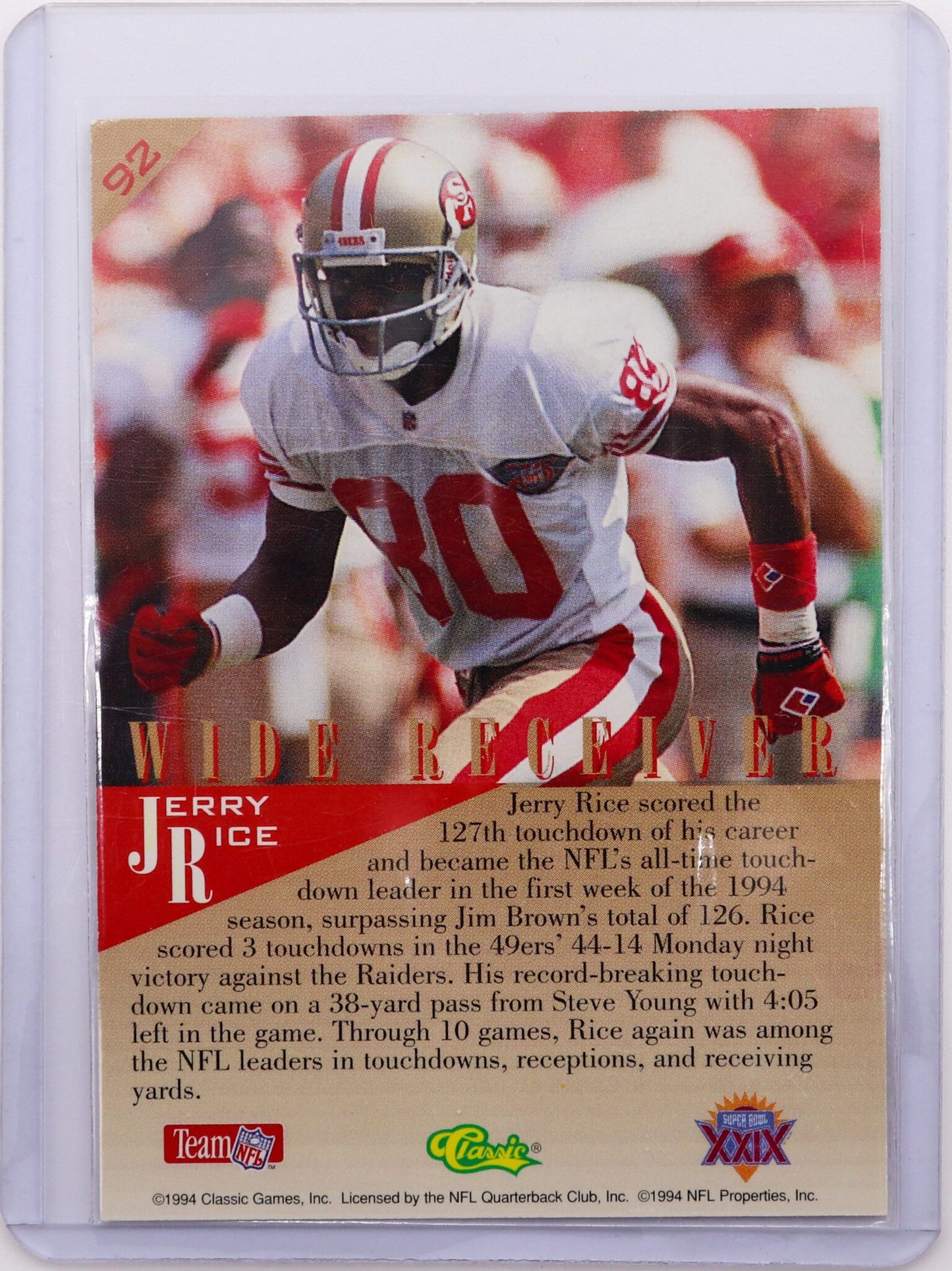 1985 Classic Super Bowl XIX NFL Experience Jerry Rice #92, Mint