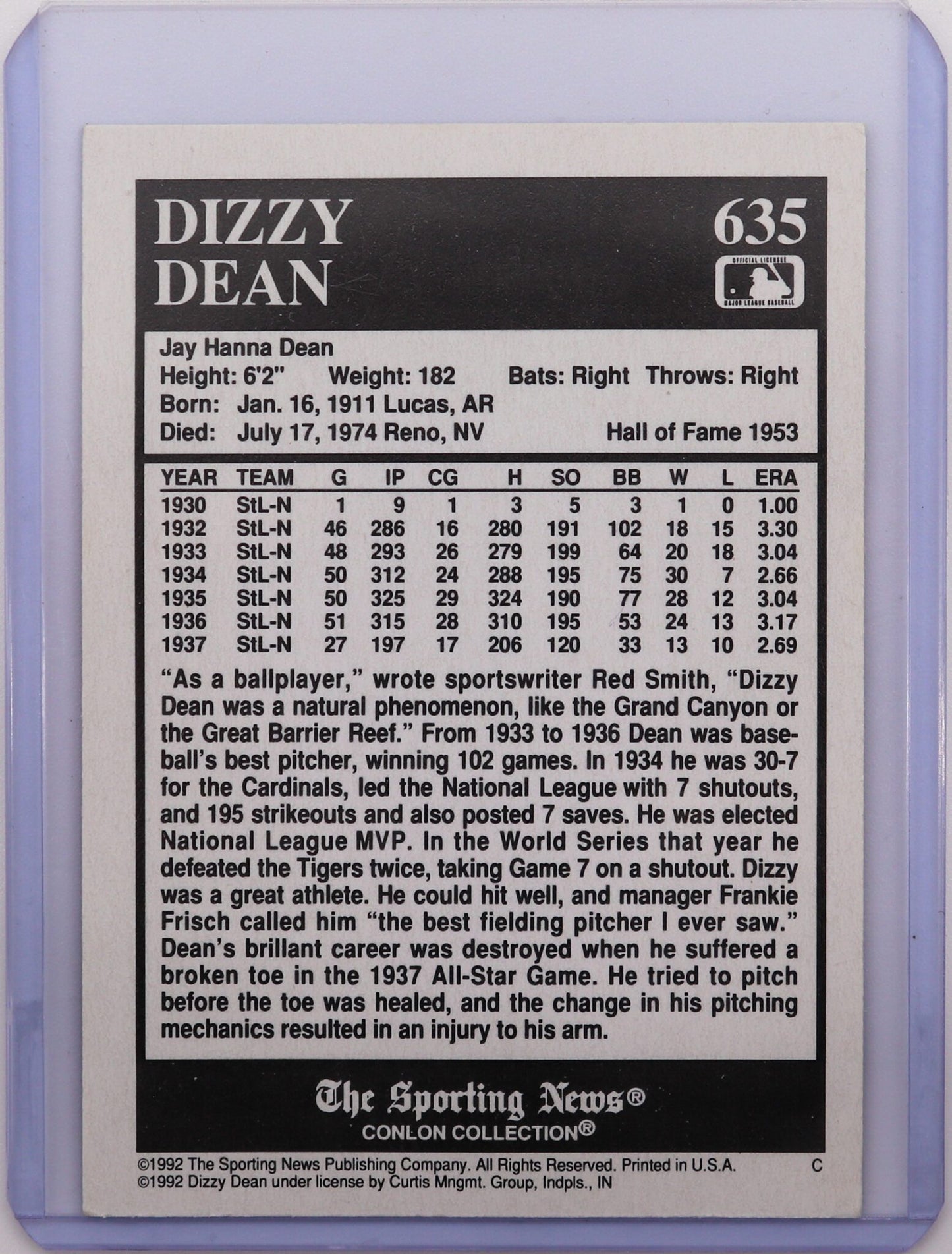 1992 The Sporting News Conlon Collection Dizzy Dean #635, Near Mint