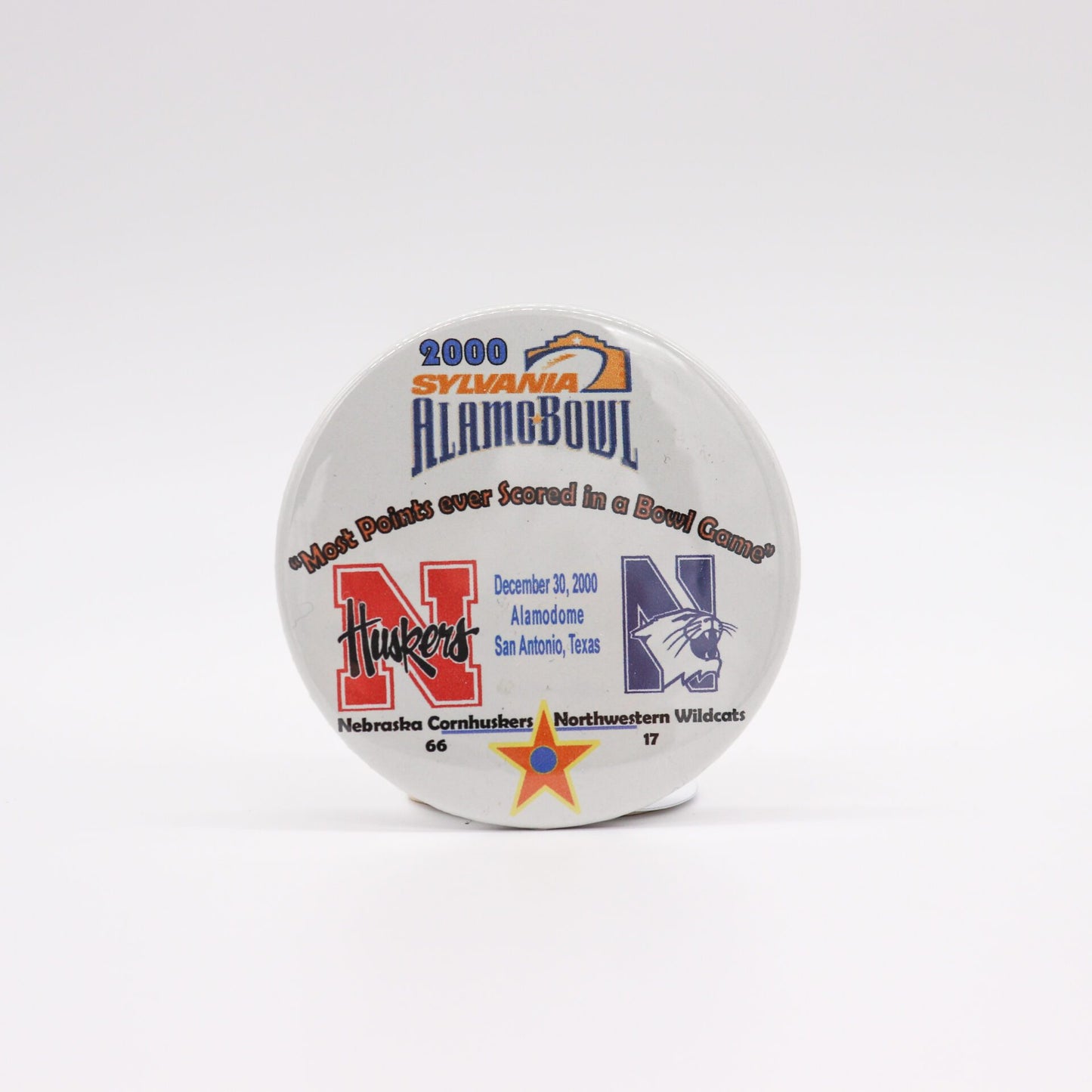 2000 Alamo Bowl Pinback Button, Nebraska vs. Northwestern, Mint