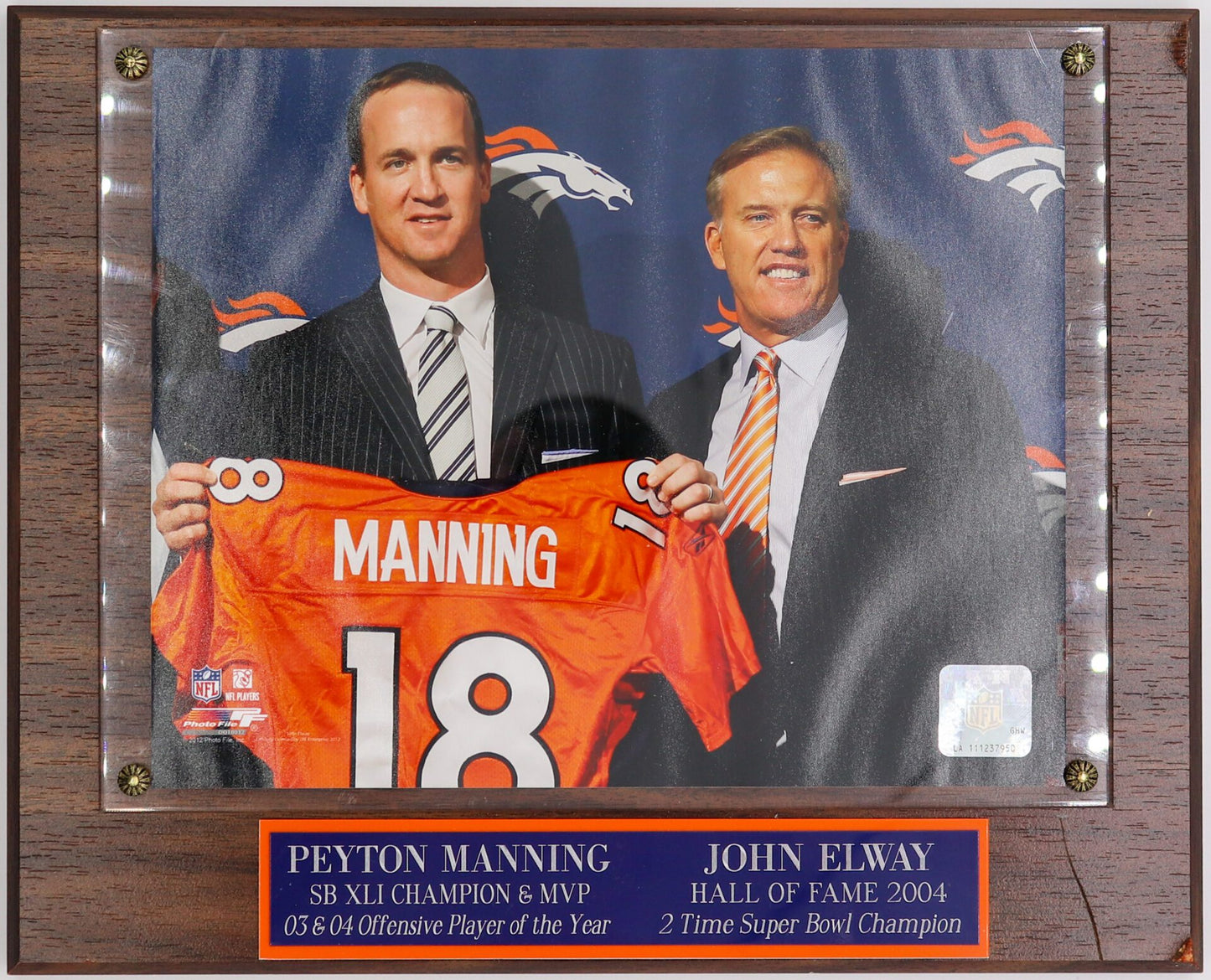 Framed Football Legends Plaque, John Elway & Peyton Manning