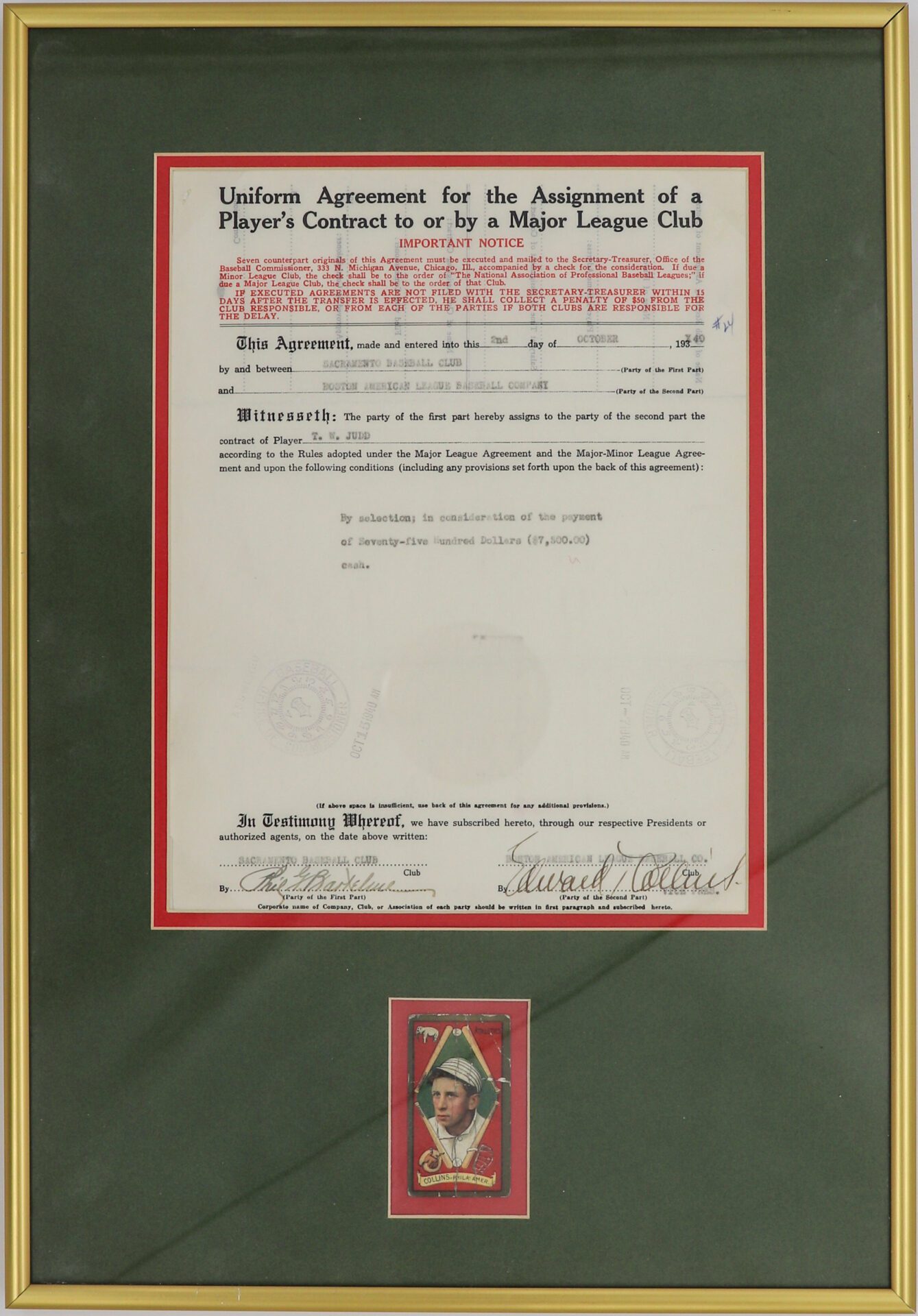 Framed & Matted Baseball Hall of Fame Second Baseman Eddie Collins Signed Contract & 1912 Brown Background Baseball Card