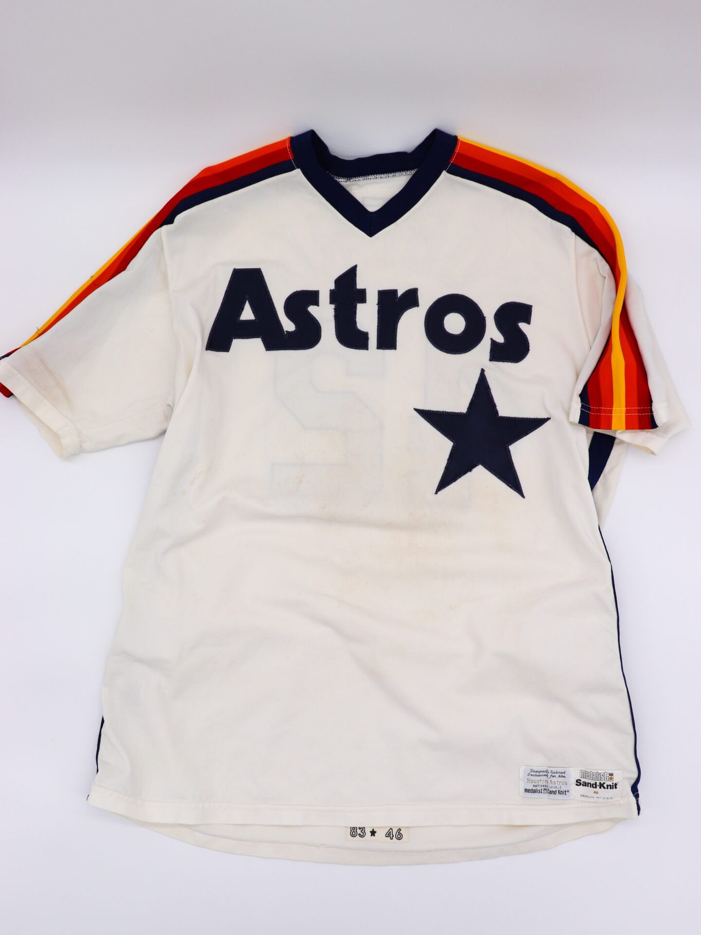 Game Worn 1983 #42 Bert Roberge Houston Astros Road “Rainbow” Jersey, Medalist Sand Knit Size 46