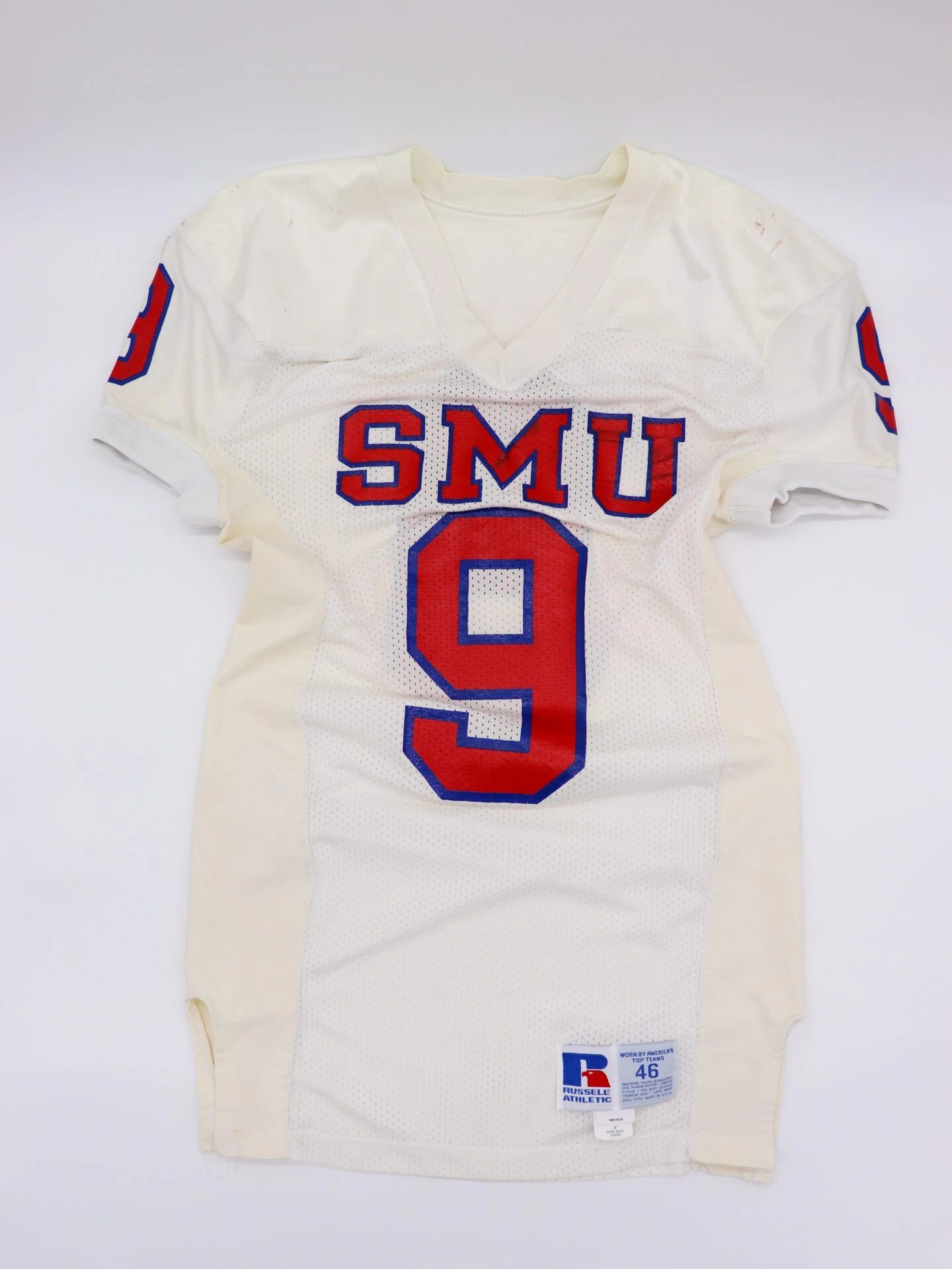 Game Worn 1990’s #9 D. Hall White SMU Mustangs Football White Road Football Jersey, Russell Athletic Size 46