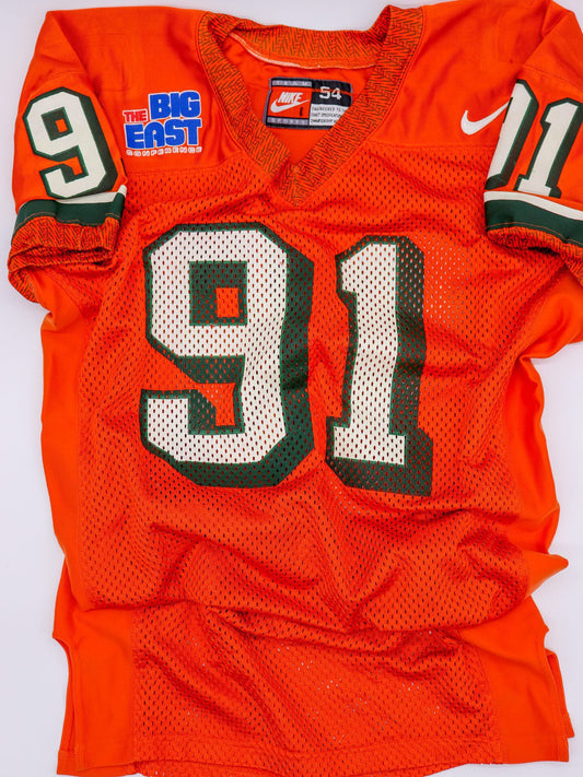 Game Worn 1996 #91 Joe Fantigrassi Miami Hurricanes Orange Home Jersey, Nike Size 54