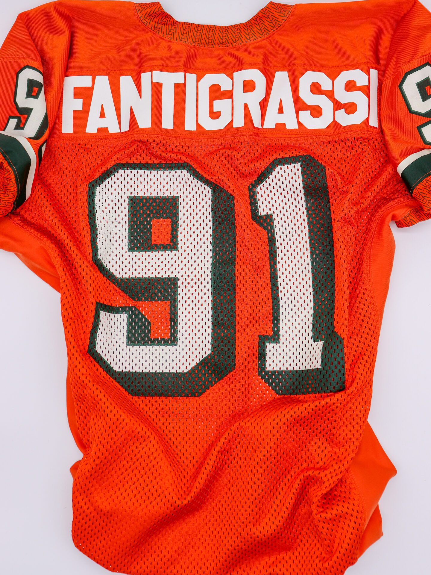 Game Worn 1996 #91 Joe Fantigrassi Miami Hurricanes Orange Home Jersey, Nike Size 54