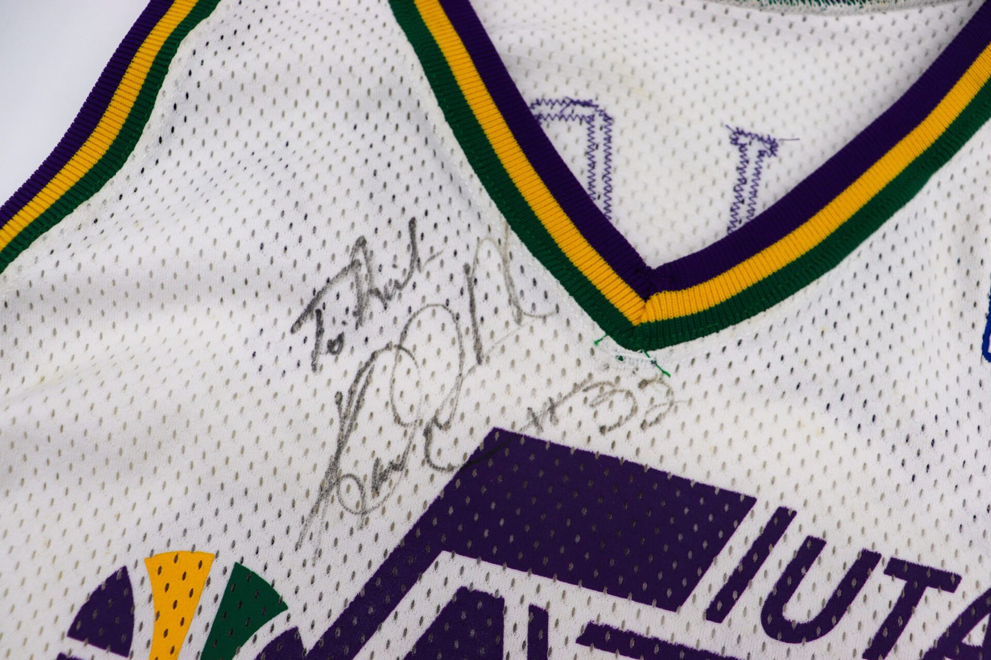 Game Worn & Autographed 1995-96 #32 Karl Malone Home White Utah Jazz Jersey with Certified Tags