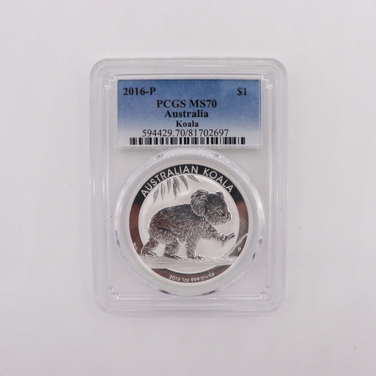Graded 2016-P Australian Koala One Ounce Silver $1 Coin, PCGS Mint State 70 (Perfect Coin)