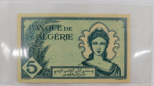 1942 Banque De Algeria Cinq Francs Note, Near Mint