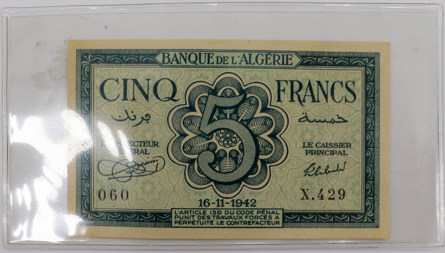 1942 Banque De Algeria Cinq Francs Note, Near Mint
