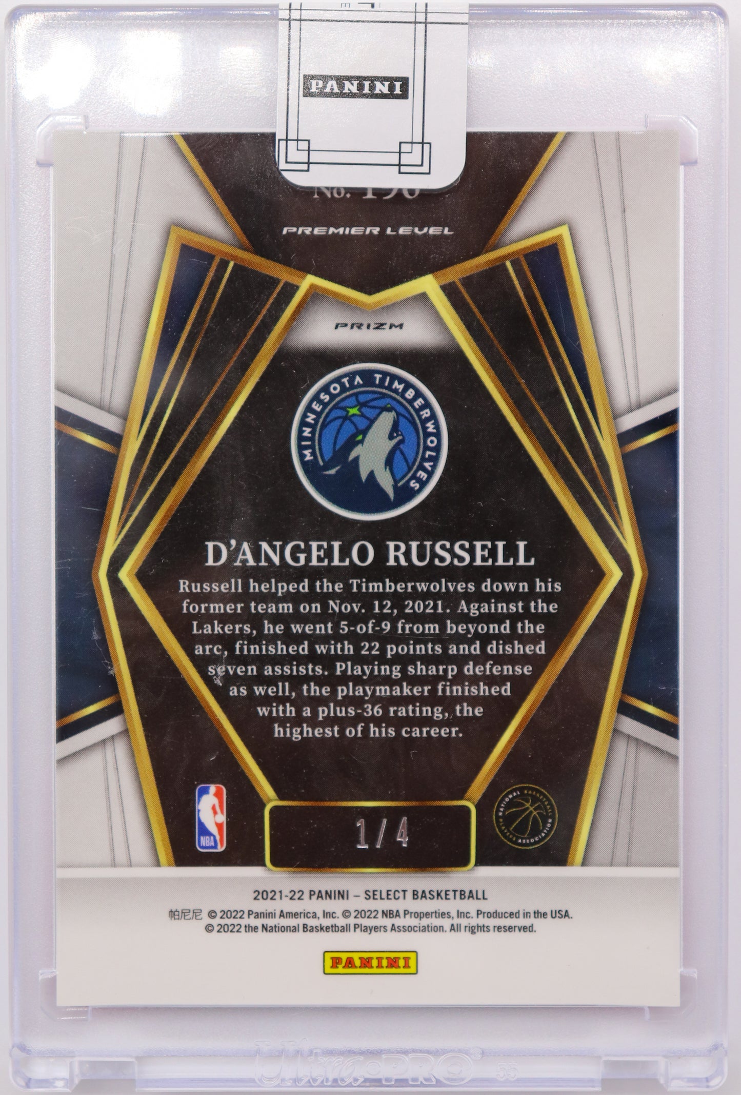 2021-22 Panini Select D’Angelo Russell #196 Pink Prizim 1/4, Panini Factory Sealed