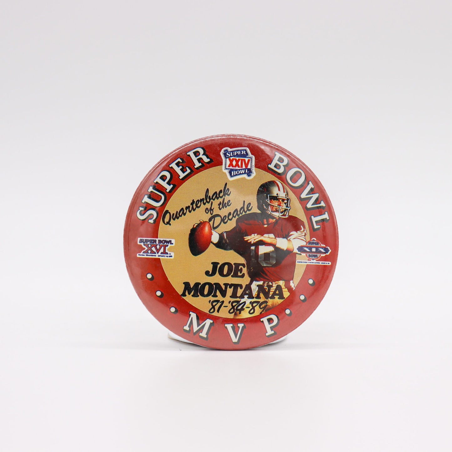 Joe Montana Three-Time Super Bowl Champion 3” Pinback Button, Very Good/Near Mint