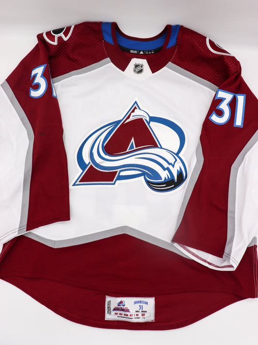 Game Worn 2021-22 Stanley Cup Champion Colorado Avalanche Jonas Johansson #31 White Road Jersey, Adidas Primegreen Size 58G